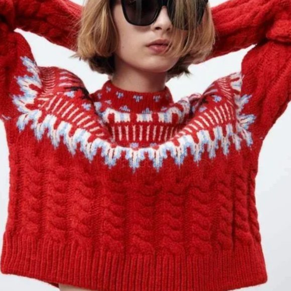 ZARA CABLE KNIT JACQUARD SWEATER Red Fair Isle LONG SLEEVE RED 5802/145 M NEW - Picture 2 of 9